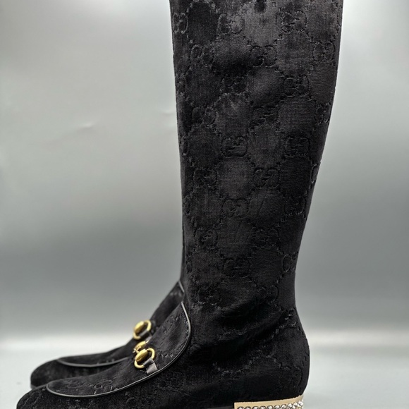 GUCCI Horsebit GG velvet boots w/ crystal heel - Picture 5 of 6